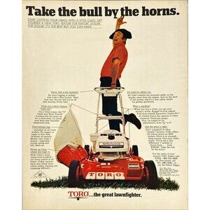 Toro Pow-R-Drive Lawnmower "Take the bull by the horns" Vintage Print Ad 1970